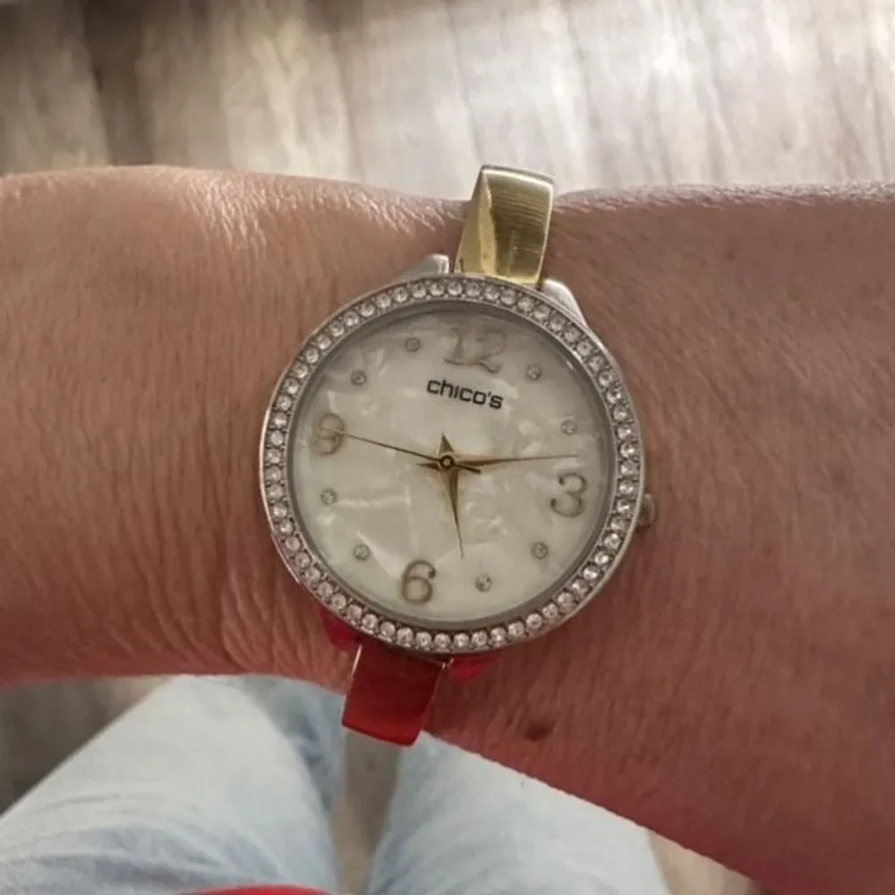 Chico’s Large Face Mother of Pearl Pave Rhinestone Goldtone Delicate‎ Band Watch